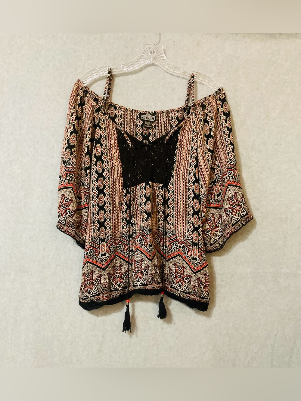 Angie Boho Off-Shoulder Printed Women's Top with Tassel Detail Sz M